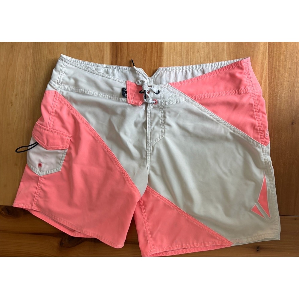 Y2K Volcom Women's Foster Gals Board Shorts Pink Peach White Surf Beach Sz 13 14